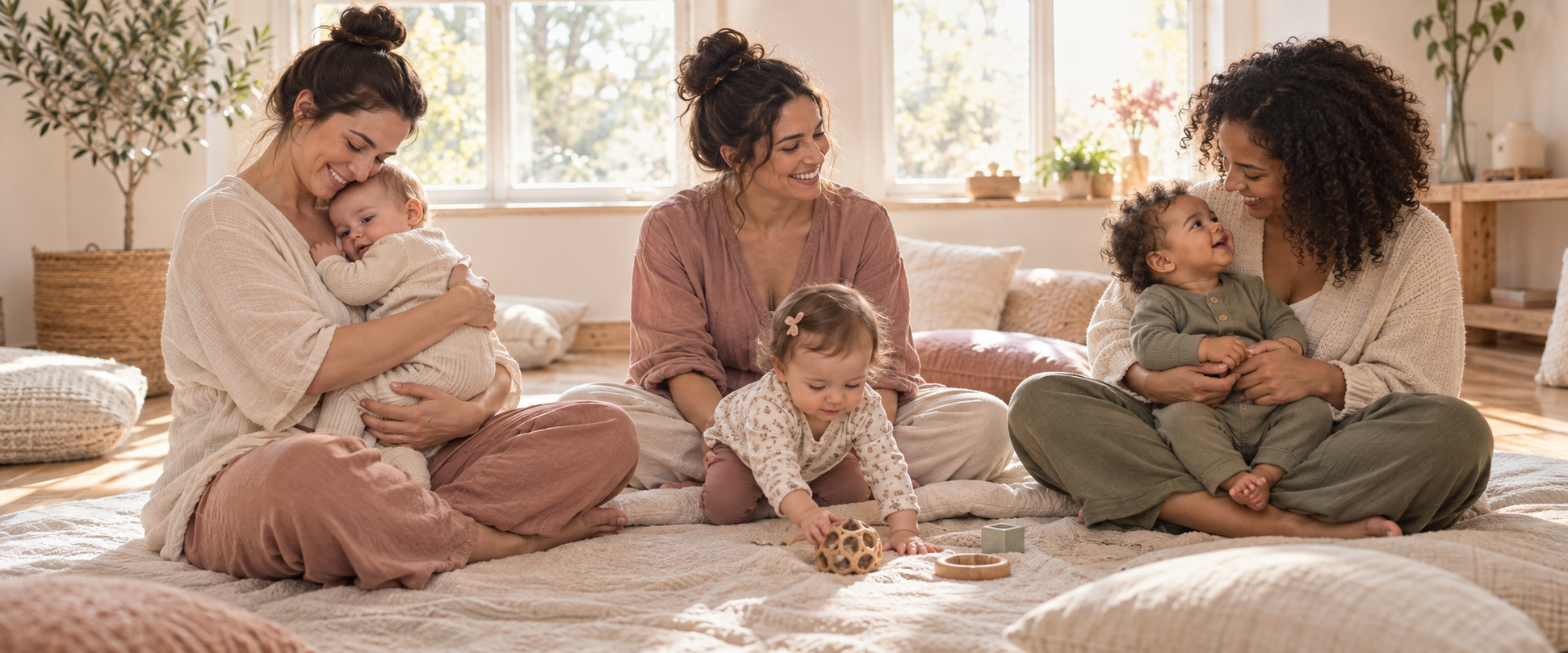 Mothers sharing a quiet moment with their babies in a sunlit room — illustrative image